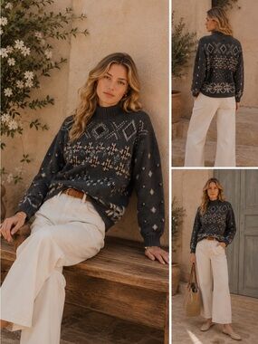 Hand Knit Fair Isle Vintage Sweater Wool Large Charcoal Limited